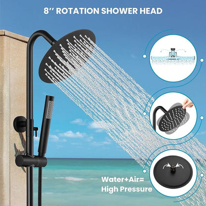gotonovo 304 Stainless Steel Outdoor Shower Fixtures Exposed,Matte Black | 8 Inch Rain Showerhead with Handheld Sprayer Outdoor Outside Shower Kit System Faucet Head Valve Wall Mount for Pool Backyard