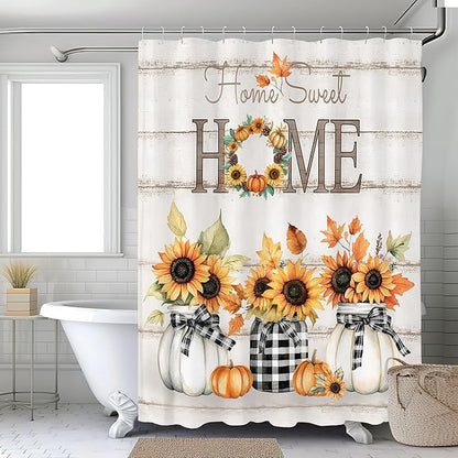 Tijuboni Fall Sunflower Pumpkin Shower Curtain, Farmhouse Home Sweet Home Bathroom Decor, Rustic Maple Leaf Waterproof Fabric Curtain for Harvest Thanksgiving Gifts 60x72 Inch