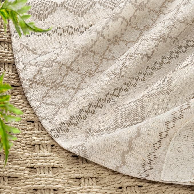 Beige Boho Linen Shower Curtain,72" W x 72" L | Linen Striped Print and Twine-Inspired Woven Center for Bathroom