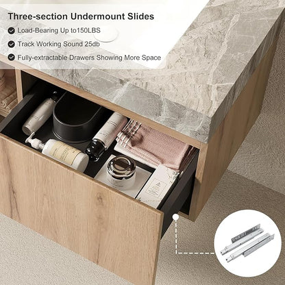 36" Floating Bathroom Vanity with Sink, Modern Plywood Storage Cabinet with Drawer and Door, Gray Sintered Stone Top and 3 Pre-drilled Faucet Holes Ceramic Basin, Pre-Assembled, Light Oak