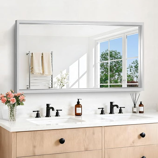 30x55 Silver Bathroom Mirror, Brushed Silver Rectangular Mirror for Wall, 0.6" Thickened Deep Frame Mirrors for Bathroom Sink, Shatterproof Tempered Glass, Antirust, Horizontally or Vertically