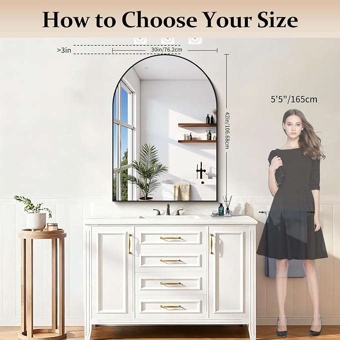 COFENY Arched Mirror, 30’’x42’’ Black Arch Mirrors for Bathroom Sink, Bathroom Vanity Mirror with Metal Frame, Modern Wall Mounted Mirror for Bedroom Living Room Mantle Entryway