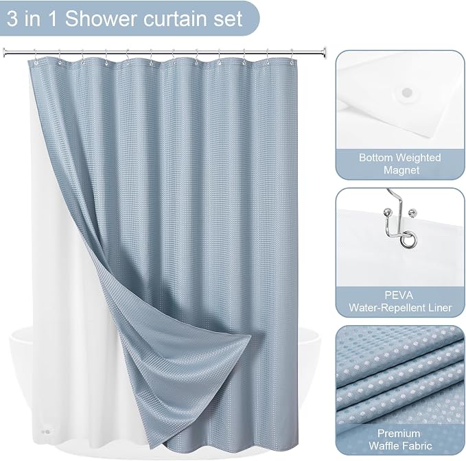3 in 1 Fog Blue Shower Curtain with PEVA Liner, 12 Hooks, 72x72 | Luxury Weighted Fabric Shower Curtain Set, 12 Stainless Steel Double-Sided Hooks, Water Repellent, Bathroom Decor