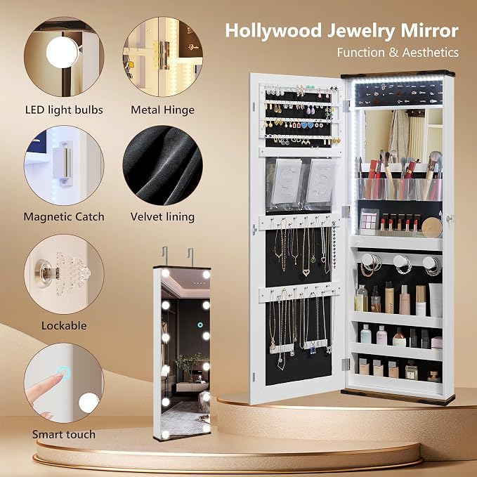 Dystler Over the Door Jewelry Cabinet with Mirror, 12 Hollywood Bulbs, Lock | 72 Earring Slots & 24 Necklace Hooks, Velvet Interior, Hanging Door or Wall Mount, 3-Color LED Lights,Girls, Women Ideal Gift