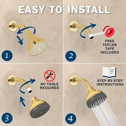 Aqua Elegante Pressure Boosting Shower Head - 2.5 GPM - Polished Brass | 3 Inch Wall Mount, Water Saving Showerhead, Best For Low Flow Showers With Anti-Clog Nozzles & Adjustable Brass Fitting