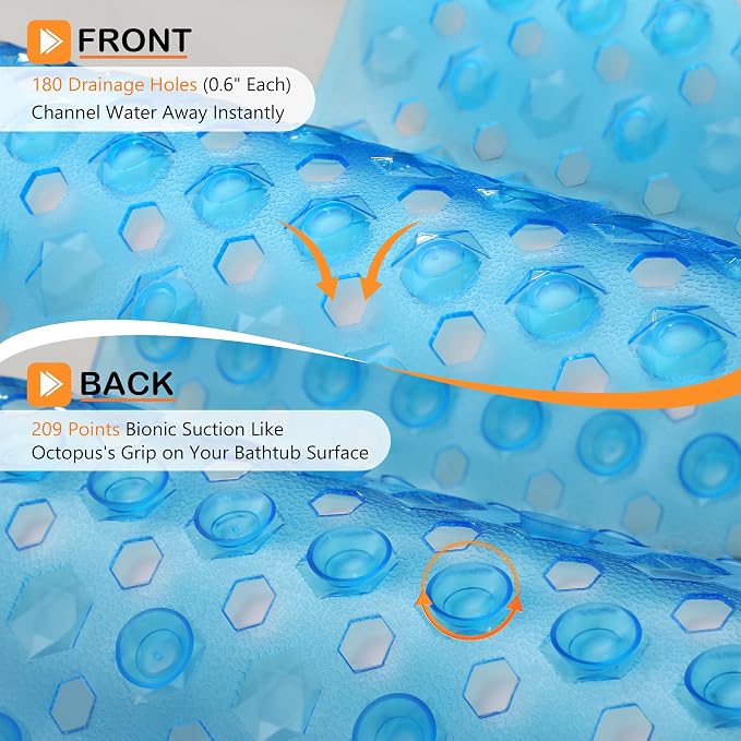 Yimobra Bathtub Mat Non Slip, 27.5"X15.5" Machine Washable Shower Floor Mat, Soft on Feet, Bathmat with Drain Holes and Suction Cups, Bathroom Essentials, Clear Blue