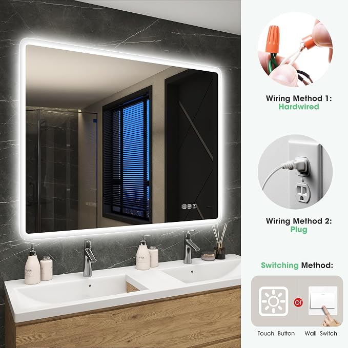 S'bagno 36"x36" LED Bathroom Mirror with Lights, Bluetooth Speaker, Anti-Fog & Waterproof, Dimmable Wall Mirror with Touch Control, 3 Light Colors, Vertical or Horizontal