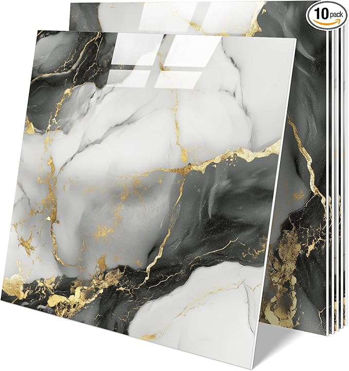 10 Sheets Marble Peel and Stick Backsplash Tile, 12"x12" Waterproof PVC Self Adhesive Tile Shower Wall Panels for Bathroom, Kitchen, Living Room (Metallic Grey)