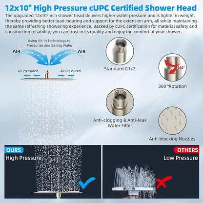 Hibbent All Metal 12'' Rain Shower Head, 16'' Extension Arm, Brushed Nickel | cUPC Certified High Pressure Rainfall Showerhead with Solid Brass Adjustable Shower Head Extension Arm, Fixed Showerheads