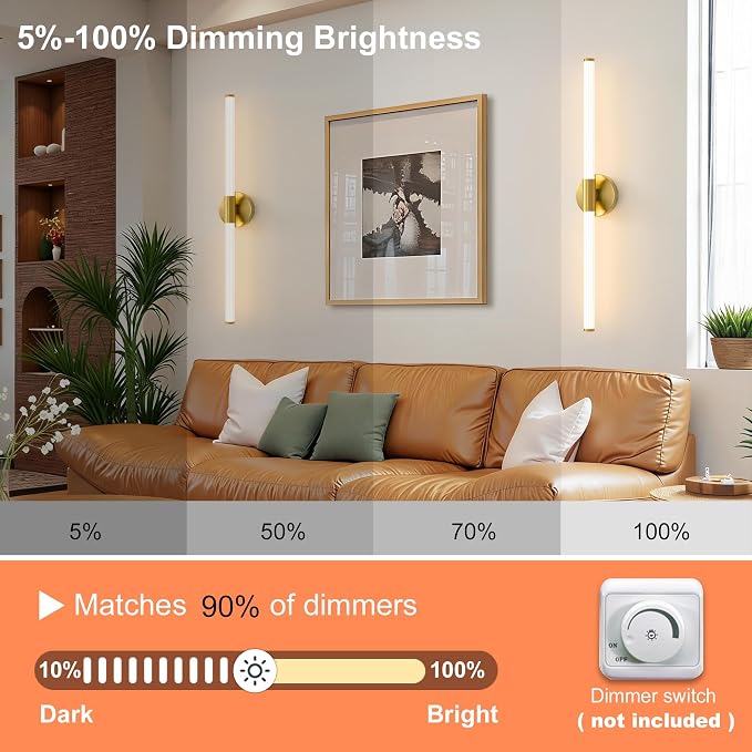 LED Bathroom Vanity Lights Gold Wall Sconce Modern 30" | 360° Bright Bathroom Light Fixture, Dimmable Vanity Light Bar, Hardwired Wall Light 3000K Warm White for Mirror