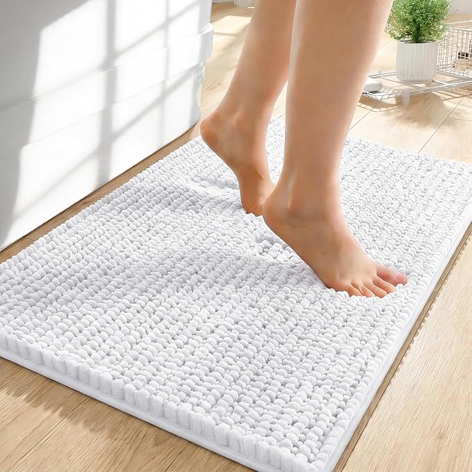 OLANLY Thick Chenille Small Bathroom Rugs 24x16, Absorbent Bath Mat, White | Soft Bath Rugs, Rubber Backing, Machine Wash Dry, Bath Mats for Bathroom, Tub and Shower, Home Decor Accessories