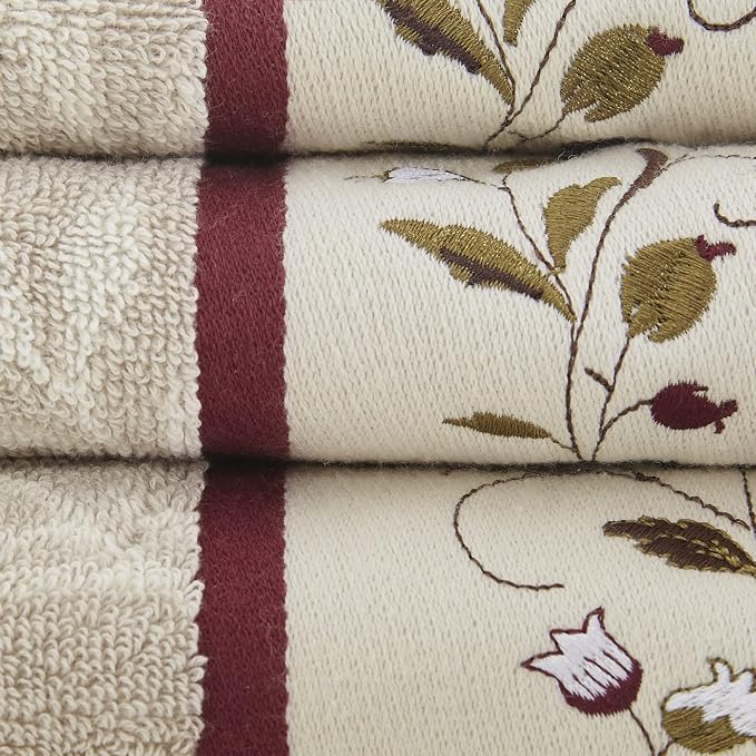 Madison Park Serene 100% Cotton Bath Towel Set Luxurious Floral Decorative Towels for Bathroom Embroidered Cotton Jacquard Design Soft Highly Absorbent for Shower 600 GSM, Multi-Sizes, Red 6 Piece | Luxurious Floral Decorative Towels for Bathroom, Embr...