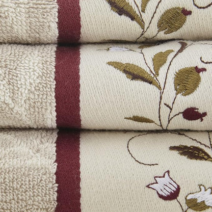 Madison Park Serene 100% Cotton Bath Towel Set Luxurious Floral Decorative Towels for Bathroom Embroidered Cotton Jacquard Design Soft Highly Absorbent for Shower 600 GSM, Multi-Sizes, Red 6 Piece | Luxurious Floral Decorative Towels for Bathroom, Embr...