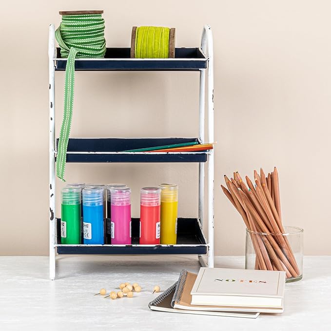 Creative Co-Op Heavily Distressed 3-Tier Metal Tray with White Frame & Rim, Navy
