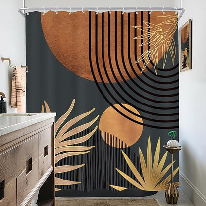 Mid Century Brown Black Boho Abstract Modern Bathroom Shower Curtain Set | 60Wx72L Plant Botanical design, waterproof HD print with fast-drying fabric and 12 hooks.