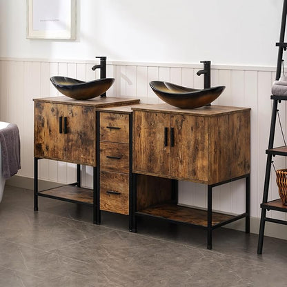 UEV Rustic Brown 60" Double Bathroom Vanity with Sink Combo,Industrial Iron Frame 2 Main Bathroom Vanity with Middle 3 Drawers Cabinet,Modern Champagne Boat Tempered Glass Vessel Sink(029CH)