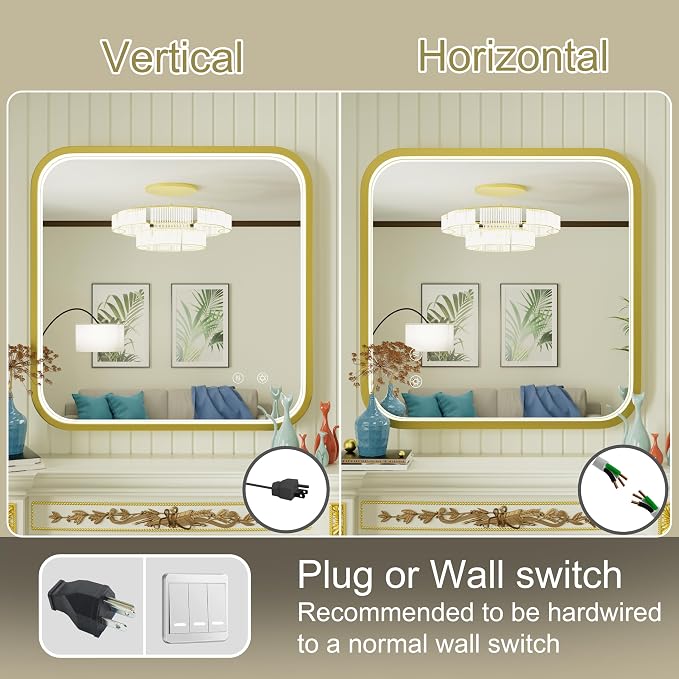 30"x30" Gold LED Bathroom Mirror with Lights,3000K/4500K/6000K | Stepless Dimmable, Anti-Fog, Memory Function, Aluminum Frame Wall Mount Lighted Vanity Mirror, ETL Listed, IP54 Waterproof