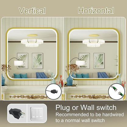 30"x30" Gold LED Bathroom Mirror with Lights,3000K/4500K/6000K | Stepless Dimmable, Anti-Fog, Memory Function, Aluminum Frame Wall Mount Lighted Vanity Mirror, ETL Listed, IP54 Waterproof