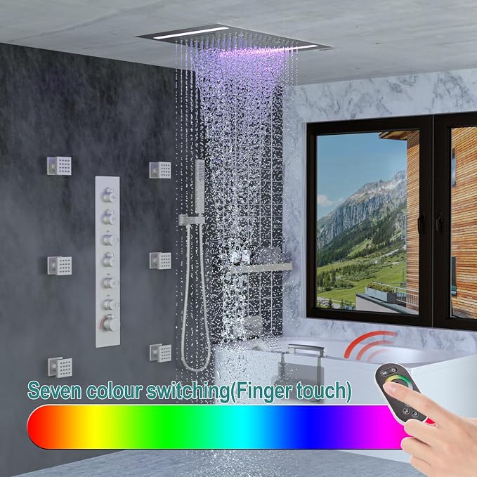 HOMEDEC LED Multi Functions Full Body Shower System with 6pcs Body Jets Spray with（Up/Down）Shower Spout, Large 3 In 1 Functions 14x20inch Showerhead, Rainfall Mist Shower Faucet Set, Brushed Nickel