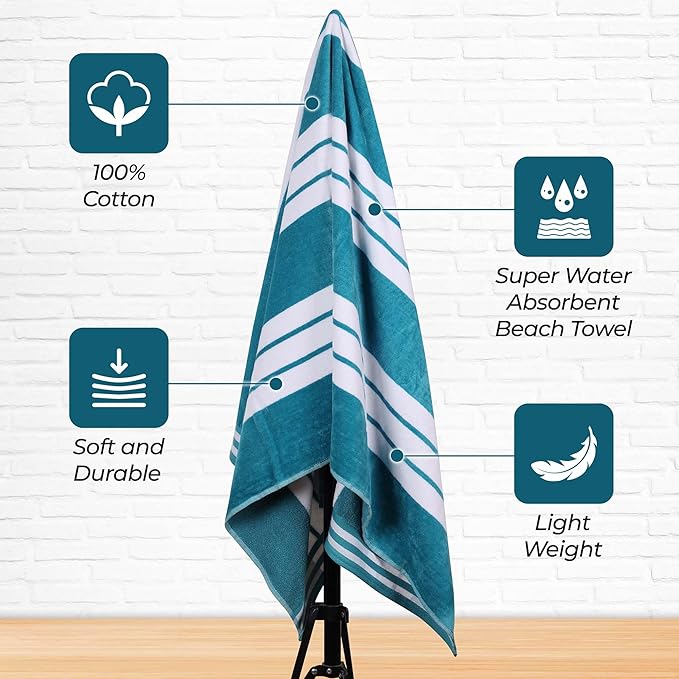 Superior Cotton Cabana Striped Beach Towels, Colorful Towels for Adult, Kid, Pool, Swimming, Sand, Travel, Large Oversized, Absorbent, Fast Drying, Bath Basics, Cabana Collection, 1 Piece, Turquoise