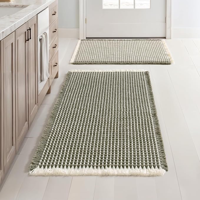 MIULEE Set of 2 Waffle Bathroom Rugs Green&Cream Bath Mat 17"x24"+18"x30" | Non Slip, Super Absorbent, Washable, Ultra Soft, Rubber Backed, Small Boho Bath Rugs for Bathroom Floor Tub Shower