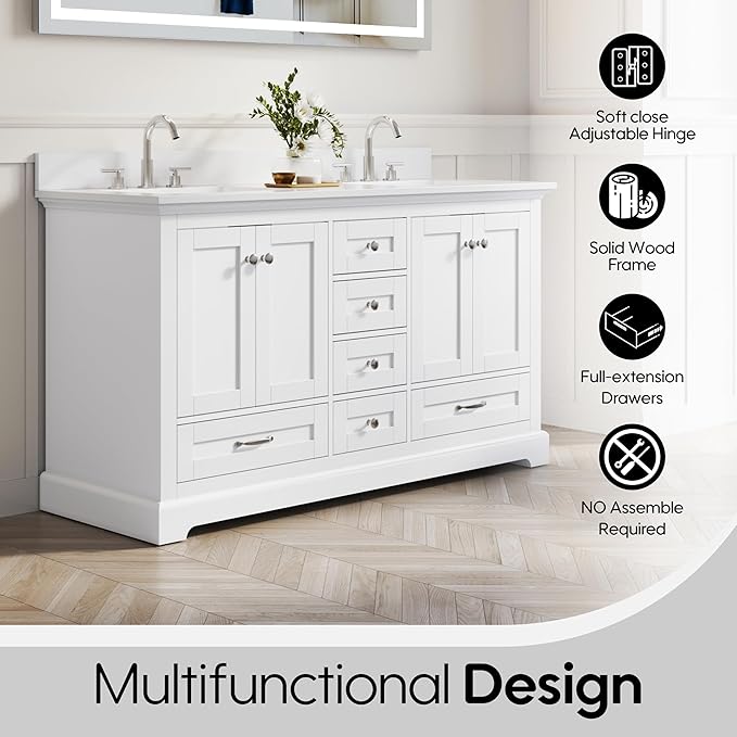 WELLFOR 60" Bathroom Vanity with Double Sinks, Bathroom Freestanding Vanity W/4 Soft-Close Doors and 6 Drawers, Large Storage Space Vanity, Engineered Stone Countertop Bathroom Vanity with Sink, White