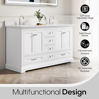 WELLFOR 60" Bathroom Vanity with Double Sinks, Bathroom Freestanding Vanity W/4 Soft-Close Doors and 6 Drawers, Large Storage Space Vanity, Engineered Stone Countertop Bathroom Vanity with Sink, White