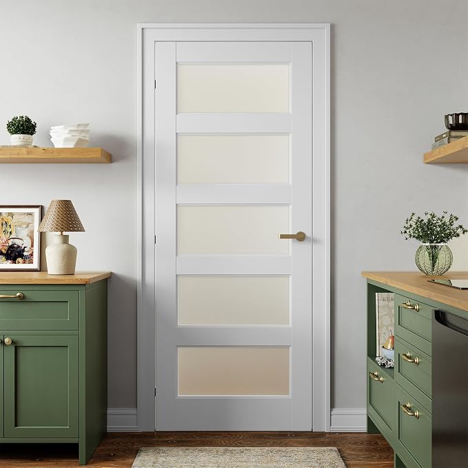 SMARTSTANDARD 32" x 80" Frosted Glass Pantry Door, Solid Core Slab Door | Pre-Assembled 5-Panel without Hardware, French Interior Door for Pantry Pocket, White Primed