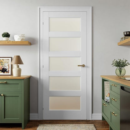 SMARTSTANDARD 32" x 80" Frosted Glass Pantry Door, Solid Core Slab Door | Pre-Assembled 5-Panel without Hardware, French Interior Door for Pantry Pocket, White Primed
