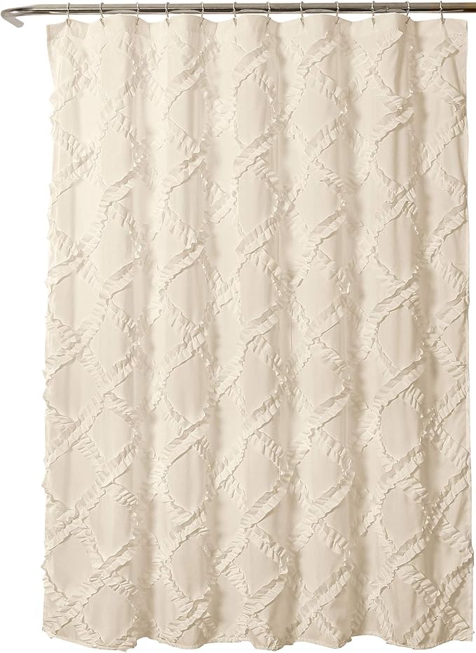Lush Decor, Ivory/Pale Yellow Ruffle Diamond Shower Curtain | Textured Shabby Chic Farmhouse Style Design, x 72, 72" x 72"