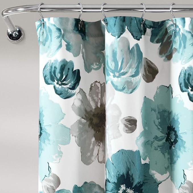 Lush Decor Leah Floral Shower Curtain, 72" W x 72" L, Blue - Fabric Shower Curtains - Watercolor Botanical Bathroom Curtain - Farmhouse & French Country Decor