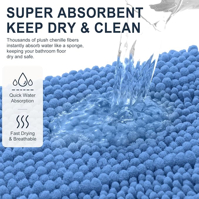 Smiry Thick Chenille Bathroom Runner Rugs 47x24, Bath Mat, Cornflower Blue | Quick‑Dry & Machine Washable, Non‑Slip Bath Carpet, Soft Striped Bath Rugs for Tub & Shower, Modern Home Decor Accessories