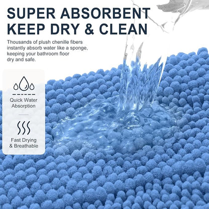 Smiry Thick Chenille Bathroom Runner Rugs 47x24, Bath Mat, Cornflower Blue | Quick‑Dry & Machine Washable, Non‑Slip Bath Carpet, Soft Striped Bath Rugs for Tub & Shower, Modern Home Decor Accessories