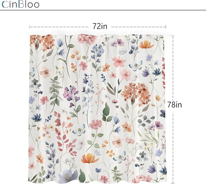 Boho Coral Pink Flower Colorful Wildflower Bathroom Shower Curtain Set | 72"W x 78"H Floral Watercolor; waterproof HD print, quick-dry fabric and plastic hooks for easy setup.