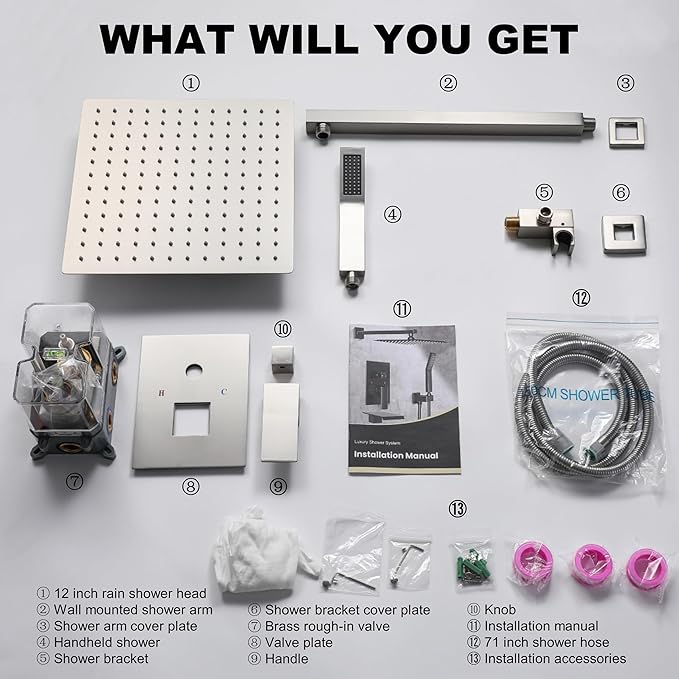 Shower Faucet Set, Shower System with 12 Inch Rain Showerhead and Handheld Shower, Wall Mounted High-Pressure Showerhead Combo Set Included Valve and Trim, Brushed Nickel