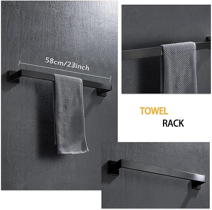 4-Piece Bathroom Hardware Set, Towel Rack Towel Bar Towel Holder Toilet Paper Holder Matte Black Towel Hooks Modern Square Stainless Steel Wall Mounted Bathroom Accessories Set, 23inch