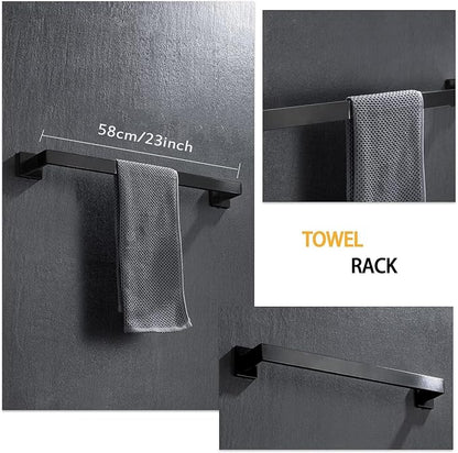 4-Piece Bathroom Hardware Set, Towel Rack Towel Bar Towel Holder Toilet Paper Holder Matte Black Towel Hooks Modern Square Stainless Steel Wall Mounted Bathroom Accessories Set, 23inch