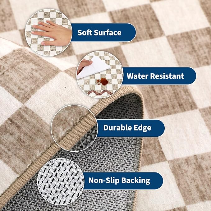 Garvee Washable Area Rugs 5x7 for Living Room Neutral Checkered Cherry | Coquette Aesthetic Decor Non Slip Soft Bedroom Rugs Foldable Low Pile Stain Resistant Carpet for Playroom Nursery Girls