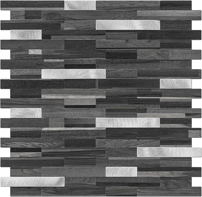 STICKGOO Peel and Stick Backsplash Tile, Stick on Backsplash for Kitchen and Bathroom, Black Grey Wood Look PVC Mixed Metal Silver Self Adhesive Wall Tiles(Sample)