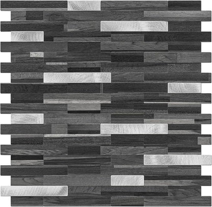 STICKGOO Peel and Stick Backsplash Tile, Stick on Backsplash for Kitchen and Bathroom, Black Grey Wood Look PVC Mixed Metal Silver Self Adhesive Wall Tiles(Sample)