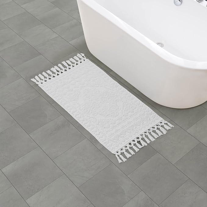 French Connection Nellore Bathroom Rugs, Woven and Beaded, Durable Bath Rugs, Thick Bath Mats for Bathroom and Shower Rugs,20" x 38", White