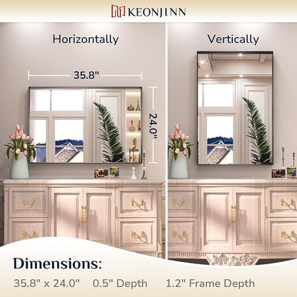 Keonjinn 24x36 Inch Black Bathroom Mirror for Over Sink, Modern Farmhouse | HD Tempered Glass, Vanity Mirror, Brushed Framed, Square Corner, Rectangular, Wall Mounted Mirrors, Aluminum Alloy
