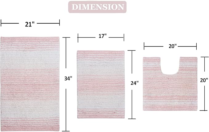 Home Weavers 100% Cotton Gradiation Collection Bathroom Décor | Washable Rug | Bathroom Mat | Kitchen Mat | Bathroom Rug Set | Bath Mat Set | Bath Floor Mat Non Slip, 3 Piece Set with Contour, Pink