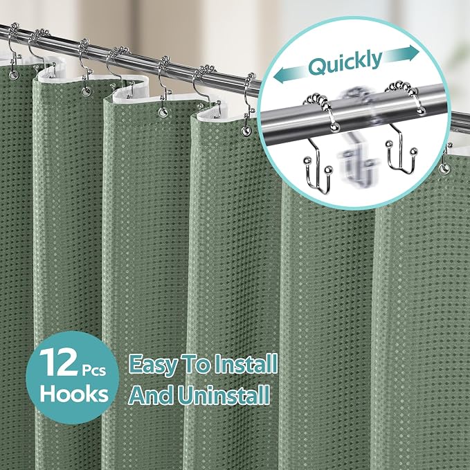 3 in 1 Shower Curtain Set, Waffle Shower Curtain and Liner Set with 12 Double Sided Shower Curtain Hooks, 258GSM Luxury Weighted Cloth Shower Curtains for Bathroom, 72 W x 84 H, Sage Green