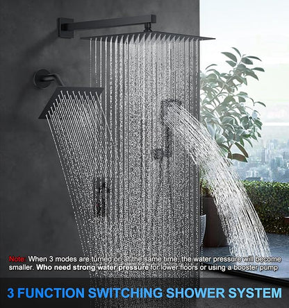 Woindo Shower Faucet Set, 12" Wall Mount Rainfall Shower System with 2 Rain Shower Head and Multi-function Handheld Head Push Button Diverter Shower Faucet Trim Kit