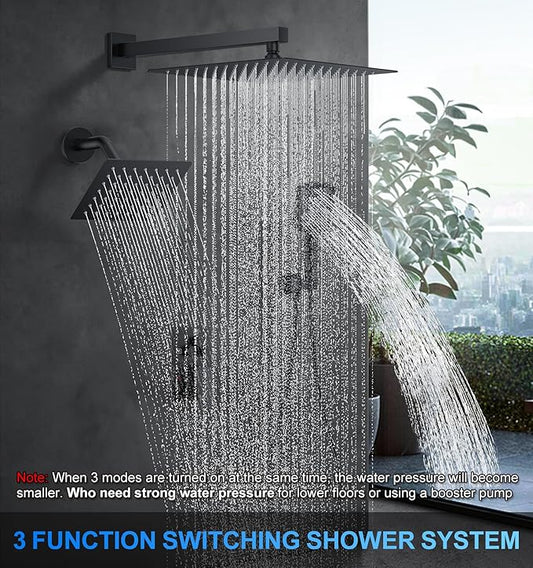 Woindo Shower Faucet Set, 12" Wall Mount Rainfall Shower System with 2 Rain Shower Head and Multi-function Handheld Head Push Button Diverter Shower Faucet Trim Kit