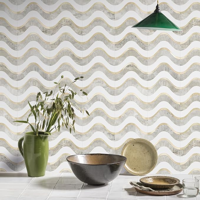 Vamos Tile Peel and Stick Backsplash Seamless Tile,Beige+White+Gold,10 pcs | Stick on Backsplash for Kitchen and Bathroom, PVC Mix Metal Gold Self Adhesive Wall Tiles,11.8''x10.15''