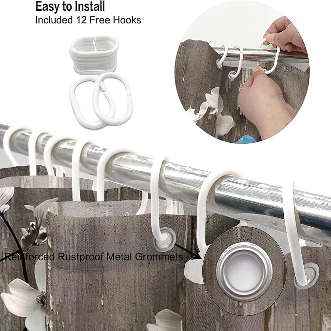 Rustic Shower Curtain Set Grey Watercolor Flower Bath Curtain 12 Hooks Country Farm Style Fabric Wooden Background Waterproof Shower Curtains 72×72 Inches