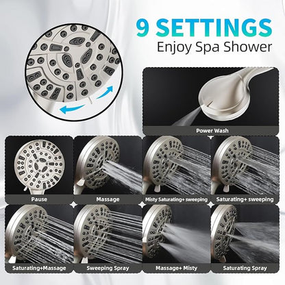BESAQUO Shower Head, 9 Settings High Pressure shower head with handheld, Built-in Pause Mode & Power Wash, Non-Clogging Nozzles, 6ft Hose,Bracket (Satin Nickel)