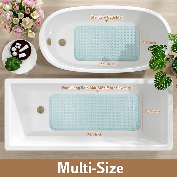 Yimobra Bathtub Mat Non Slip, Super Strong Suction Cups, 28"X16" Long Shower Mat with Drain Holes, Machine Washable Fast Draining Bath Mats, Bathroom Essentials,Mint Green